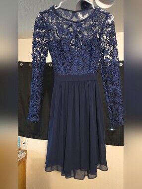 PromGirl Navy Lace Bodice Long Sleeve Chiffon A-Line Dress